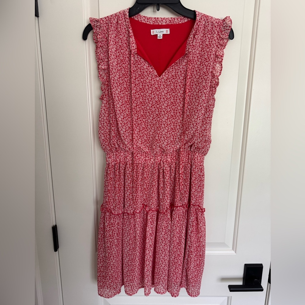 L Love Red Floral Ruffle Midi Dress
